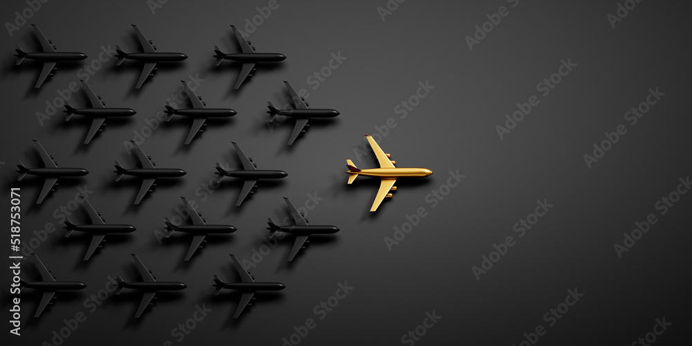 Golden leader airplane in a crowd of many black airplanes - being different concept - 3D illustration	
 - obrazy, fototapety, plakaty 