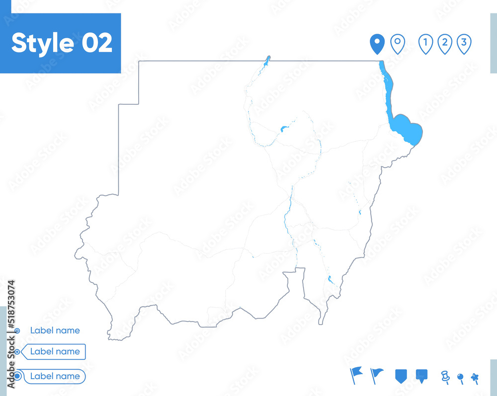 Sudan - stroke map isolated on white background with water and roads. Vector map Sudan - stroke map isolated on white background with water and roads. Vector map