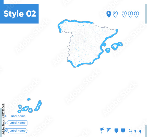 Spain - stroke map isolated on white background with water and roads. Vector map