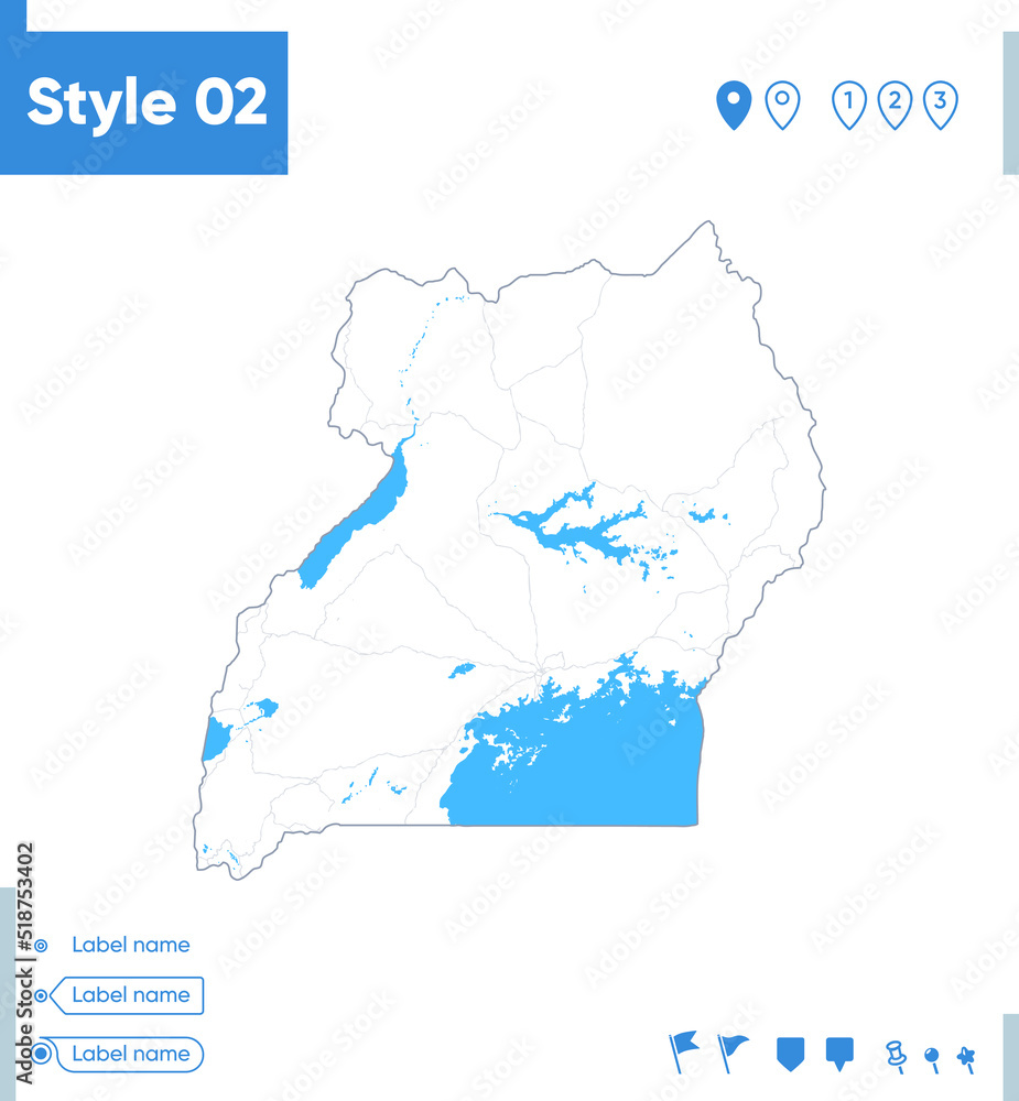 Uganda - stroke map isolated on white background with water and roads. Vector map Uganda - stroke map isolated on white background with water and roads. Vector map