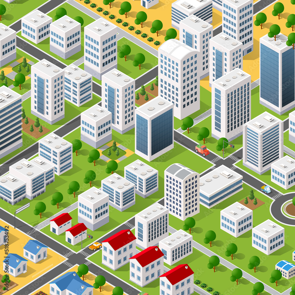 Isometric street people crossroads 3D illustration of a city block Isometric street people crossroads 3D illustration of a city block