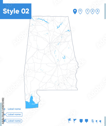 Alabama, USA - stroke map isolated on white background with water and roads. Vector map