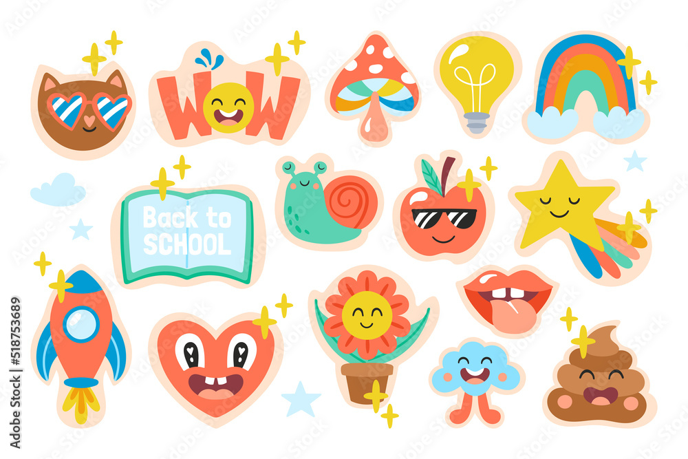 Back to school cute creative stickers design set. Childish print for planner, cards and journal decoration. Vector Illustration