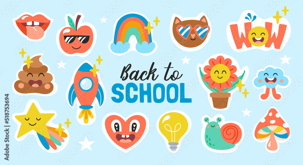 Back to school banner design with cute creative stickers. Childish print for planner, cards and journal decoration. Vector Illustration