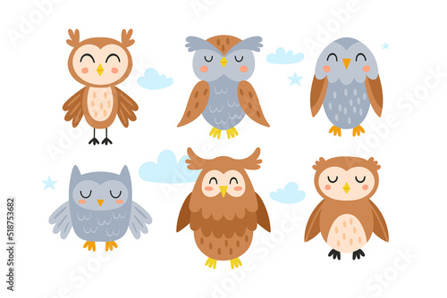 Cute owl character design set. Childish print for stickers, apparel, cards and nursery decoration. Vector Illustration
