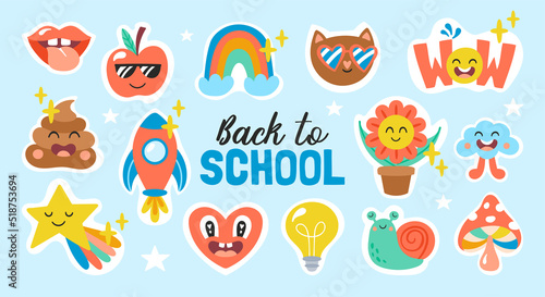 Back to school banner design with cute creative stickers. Childish print for planner  cards and journal decoration. Vector Illustration