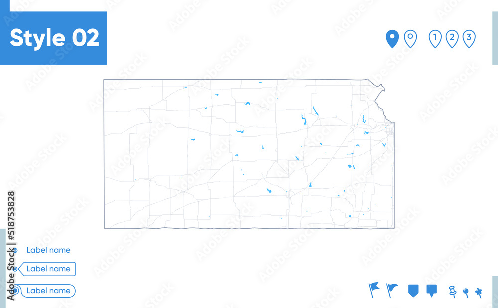 Obraz premium Kansas, USA - stroke map isolated on white background with water and roads. Vector map