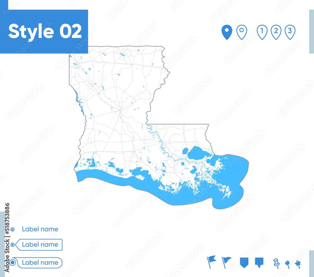 Louisiana, USA - stroke map isolated on white background with water and roads. Vector map
