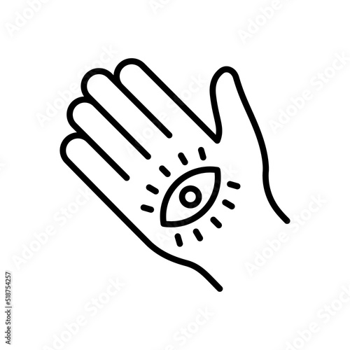 Mystic Hand Palm and All Seeing Eye Line Icon. Magic Providence Fatima Pictogram. Hamsa Egypt Esoteric Occult Amulet Outline Icon. Khamsa Conspiracy. Editable Stroke. Isolated Vector Illustration