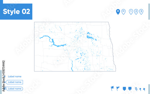 North Dakota, USA - stroke map isolated on white background with water and roads. Vector map