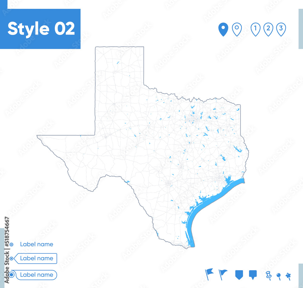 Texas, USA - stroke map isolated on white background with water and roads. Vector map