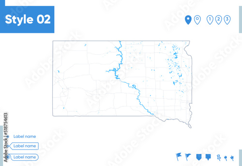 South Dakota  USA - stroke map isolated on white background with water and roads. Vector map