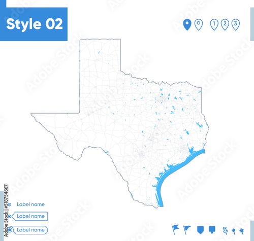 Texas, USA - stroke map isolated on white background with water and roads. Vector map