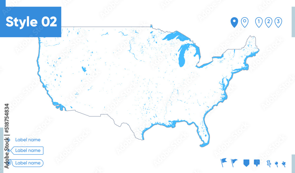 USA, United States Of America - stroke map isolated on white background with water and roads. Vector map