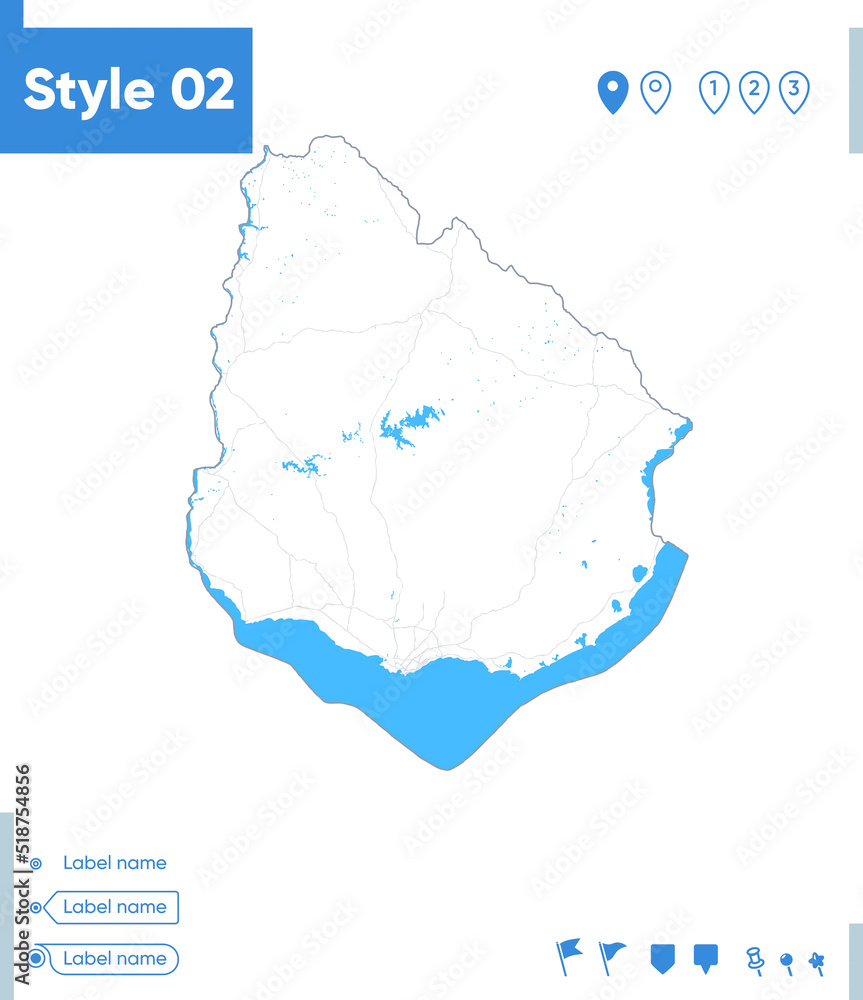 Uruguay - stroke map isolated on white background with water and roads. Vector map