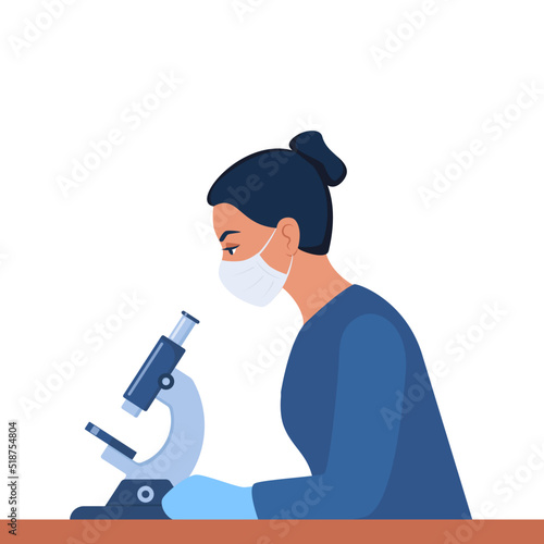 Woman scientist is looking through a microscope. Chemistry laboratory specialist working on research and exploration, sitting at the table in potective mask. Vector illustration.