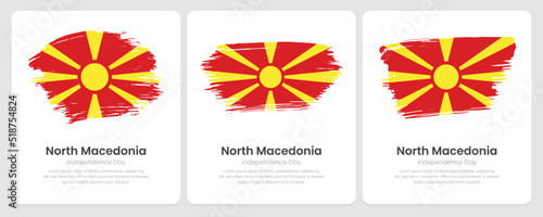 A set of vector brush flags of North Macedonia on abstract card with shadow effect
