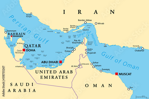 Strait of Hormuz, political map. Waterway between Persian Gulf and Gulf of Oman, a strategically extremely important choke point, with Iran to the north and UAE and Oman exclave Musandam to the south.