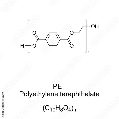 PET, Polyethylene terephthalate, chemical formula and structure. The most common thermoplastic polymer resin of the polyester family,  used in fibres for clothing and containers for liquids and foods.