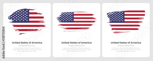 A set of vector brush flags of United States of America on abstract card with shadow effect