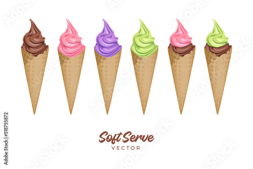 softserve ice cream vector on white background for menu or advertising. Ice cream with chocolate, strawberry and lemon.