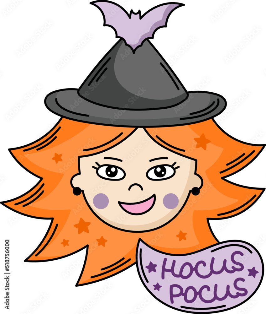 Cute witch face vector illustration. Funny cartoon mystic girl with ginger hair. Hocus pocus Halloween character clipart