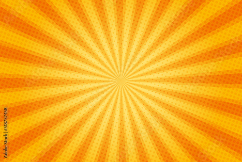 Sun rays retro vintage style on yellow and orange background, Comic pattern with starburst and halftone. Cartoon retro sunburst effect with dots. Rays. Summer banner vector illustration.