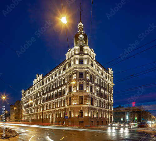 Night cityscape of Riga. Lights on long exposure. Illuminated building