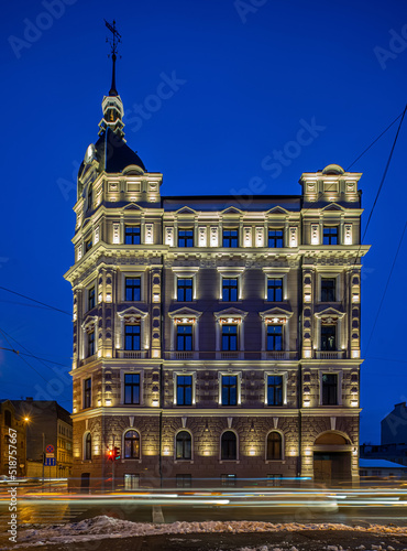 Night cityscape of Riga. Lights on long exposure. Illuminated building