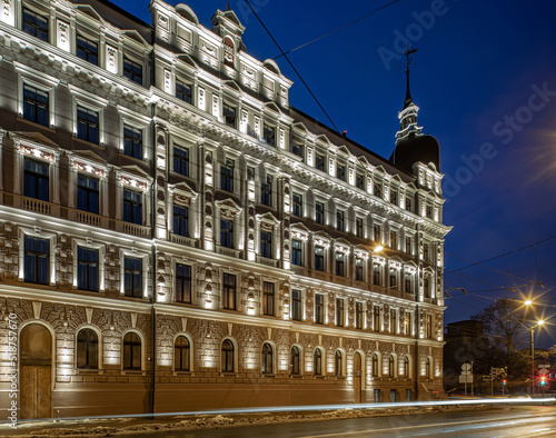 Night cityscape of Riga. Lights on long exposure. Illuminated building