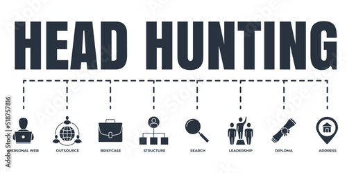 Head Hunting banner web icon set. diploma, leadership, address, search, briefcase, outsource, personal web, structure vector illustration concept.