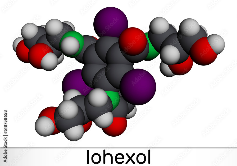 Iohexol molecule. It is contrast agent used in myelography and contrast enhancement for computerized tomography. Molecular model. 3D rendering Iohexol molecule. It is contrast agent used in myelography and contrast enhancement for computerized tomography. Molecular model. 3D rendering