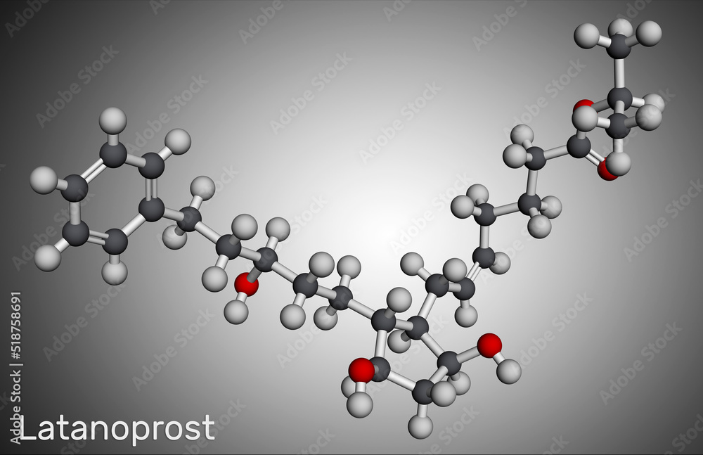 Latanoprost molecule. It is isopropyl ester prodrug used to treat increased intraocular pressure. Molecular model. 3D rendering Latanoprost molecule. It is isopropyl ester prodrug used to treat increased intraocular pressure. Molecular model. 3D rendering