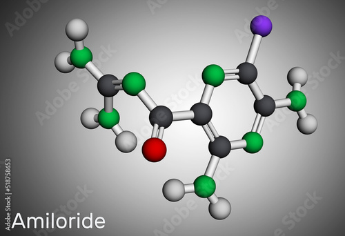 Amiloride molecule. It is pyrizine compound used to treat hypertension, congestive heart failure. Molecular model. 3D rendering photo