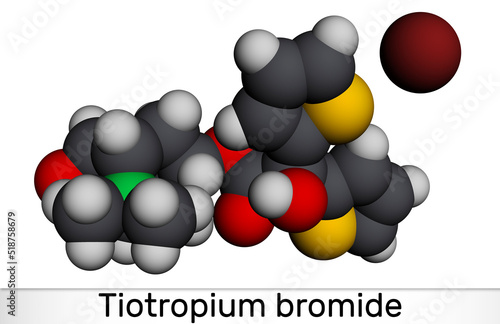 Tiotropium bromide molecule. Antimuscarinic bronchodilator used in the tratement of chronic obstructive pulmonary disease COPD, asthma. Molecular model. 3D rendering photo