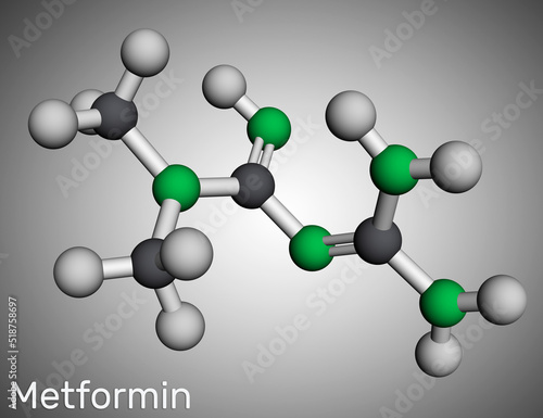 Metformin molecule. It is biguanide antihyperglycemic agent  used in management of type II diabetes. Molecular model. 3D rendering photo