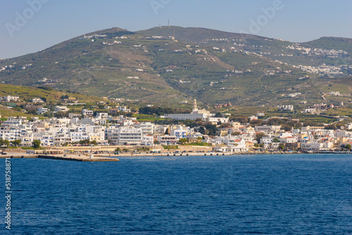 Beautiful view of the island of Tinos from the deck of a ferry boat in Sporades, Greece