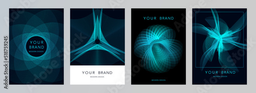 Luxury modern design set. Abstract flowing wavy rings line, round fluid shape in blue x ray vibrant light isolated on black background. Creative design for social media poster, music flyer, AI science