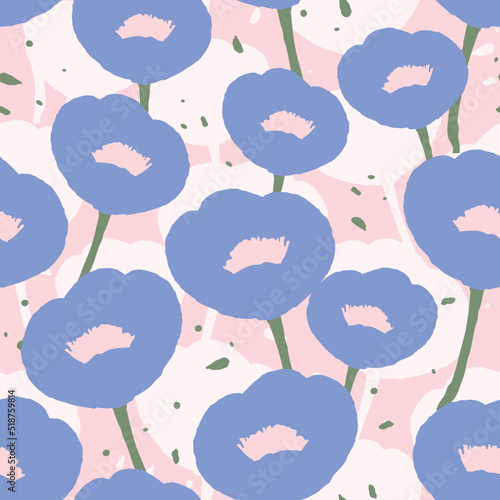 seamless plants pattern background with blue and pink flowers , greeting card or fabric