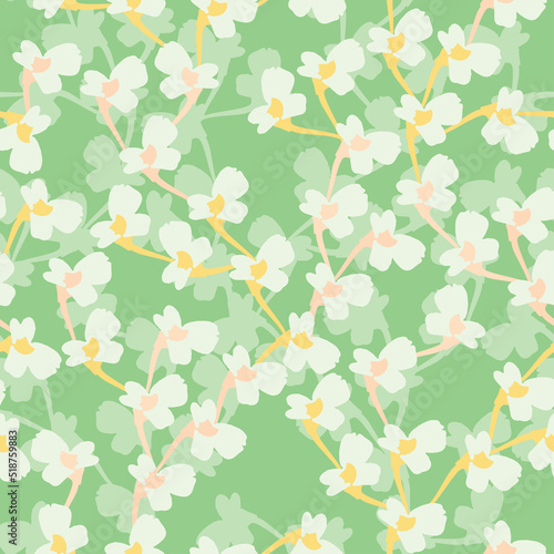 seamless plants pattern on green background with tiny flowering vines   greeting card or fabric