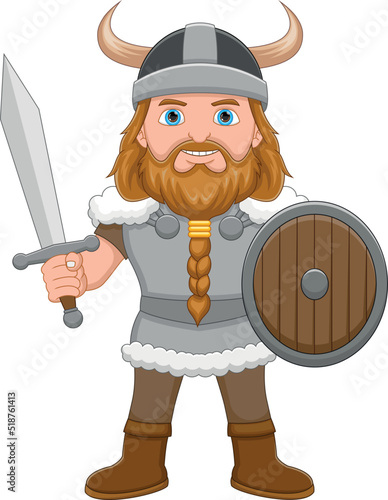 Cartoon boy in Viking costume holding sword