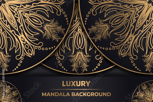 Luxury Ornamental mandala background with gold Islamic arabesque on a dark surface | Template for wedding invitation, card, cover | luxury ornamental mandala design background