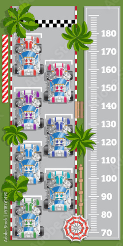 Meter wall with car racing. View from above. Vector illustration.