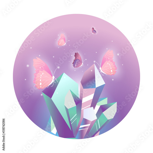 butterflies fly over glowing goodnight crystals