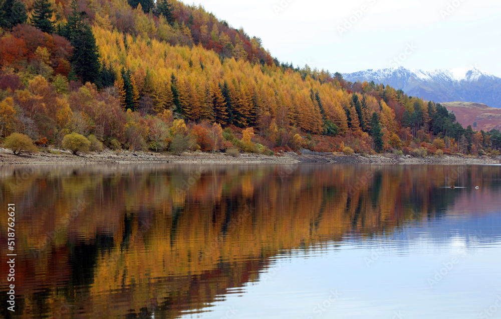 Close up of a lakeside with trees in Autumn colours and reflections, Lake District England
