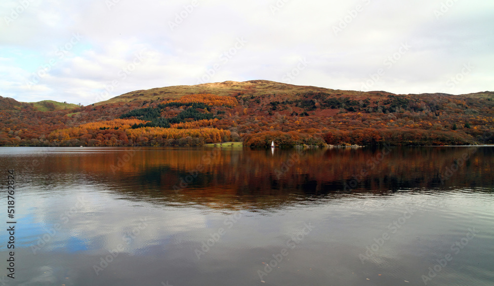View across Coniston Water in Autumn, Lake District England
