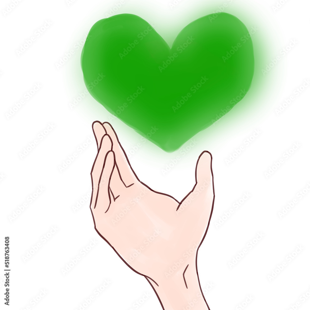 Fototapeta premium 緑色のハートに添える手
