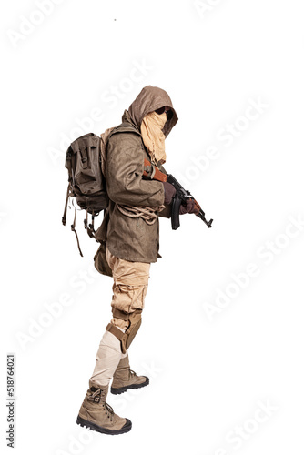 Post apocalyptic warrior in mask isolated on the white background.