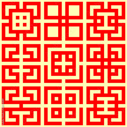 Seamless Chinese window tracery pattern. Repeated stylized red squares on yellow background. Symmetric geometric abstract wallpaper. Trellis motif. Digital paper, textile print. Vector illustration