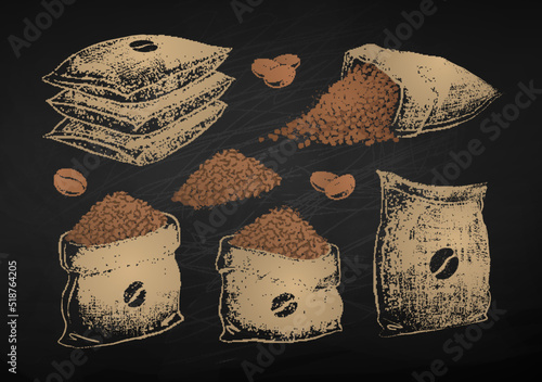 Chalk sketches set of sacks with coffee beans